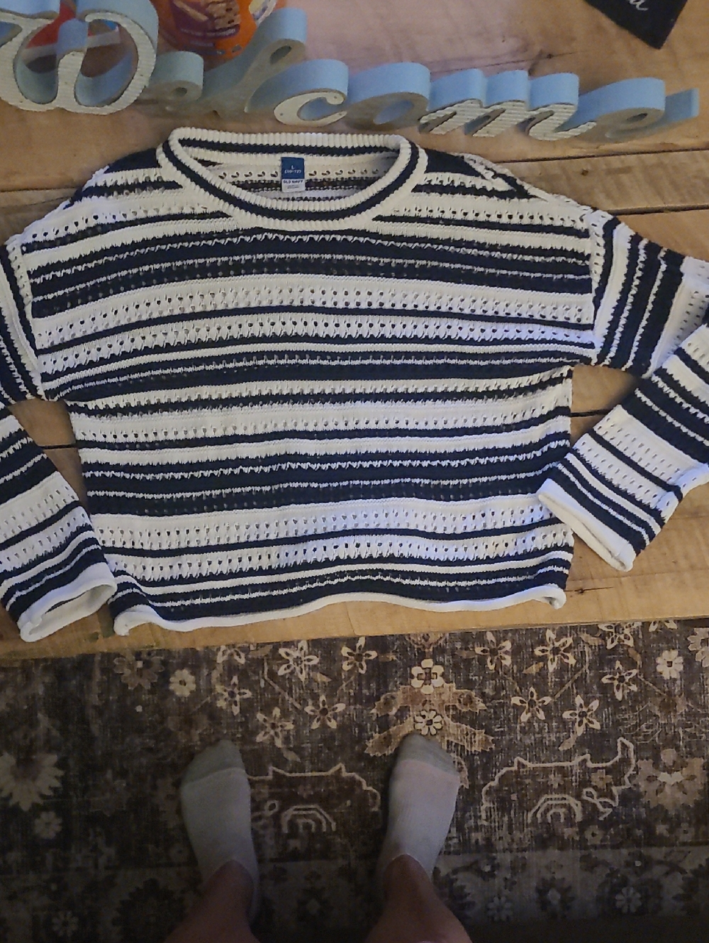 Old Navy Blue and White Striped Knit Sweater